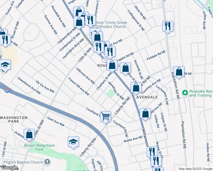 map of restaurants, bars, coffee shops, grocery stores, and more near 2622 Bowman Street Northwest in Roanoke