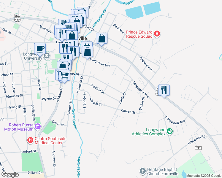 map of restaurants, bars, coffee shops, grocery stores, and more near 505 Putney Street in Farmville