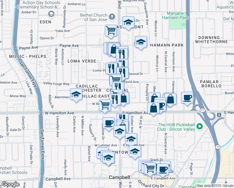 map of restaurants, bars, coffee shops, grocery stores, and more near 1525 South Winchester Boulevard in San Jose