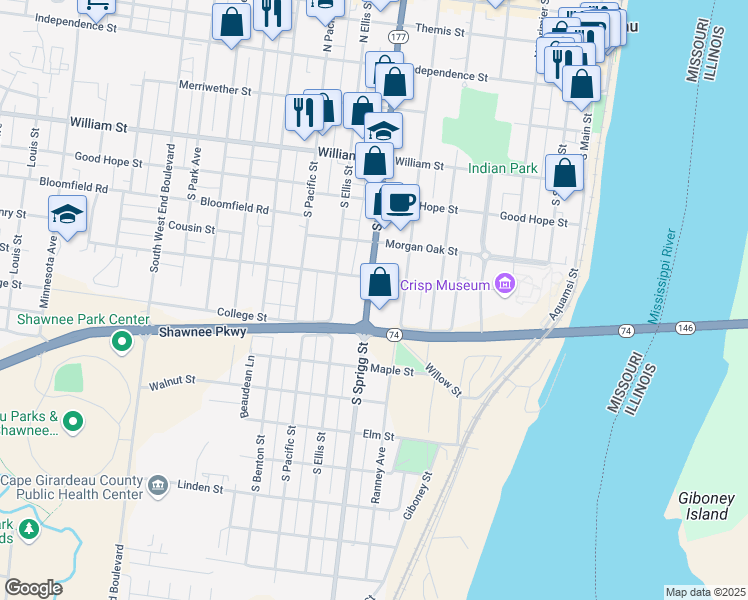 map of restaurants, bars, coffee shops, grocery stores, and more near 520 South Sprigg Street in Cape Girardeau