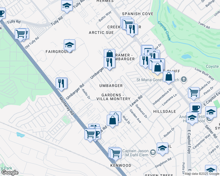 map of restaurants, bars, coffee shops, grocery stores, and more near 2795 Garden Avenue in San Jose