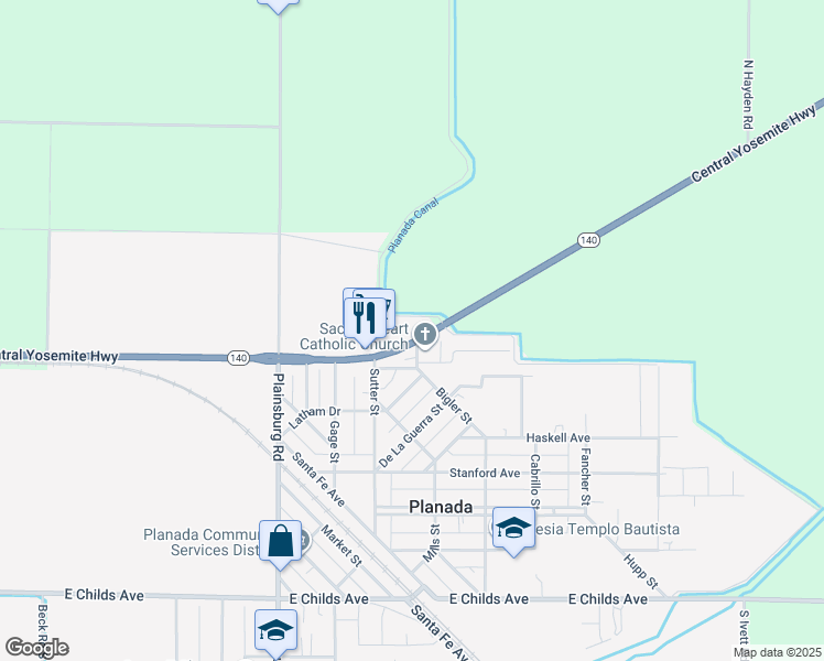 map of restaurants, bars, coffee shops, grocery stores, and more near 9300 Central Yosemite Highway in Planada
