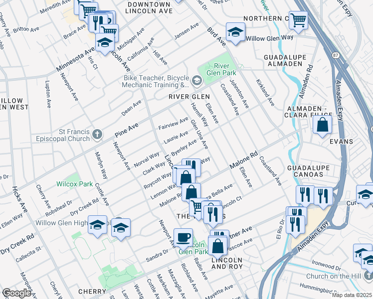 map of restaurants, bars, coffee shops, grocery stores, and more near 1046 Byerley Avenue in San Jose