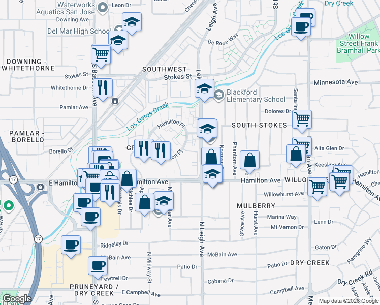 map of restaurants, bars, coffee shops, grocery stores, and more near 1806 Braddock Court in San Jose