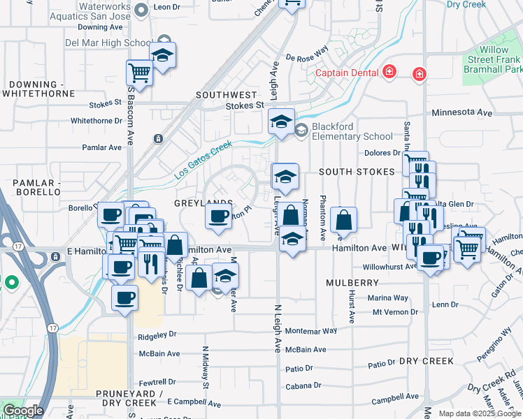 map of restaurants, bars, coffee shops, grocery stores, and more near 1806 Braddock Court in San Jose