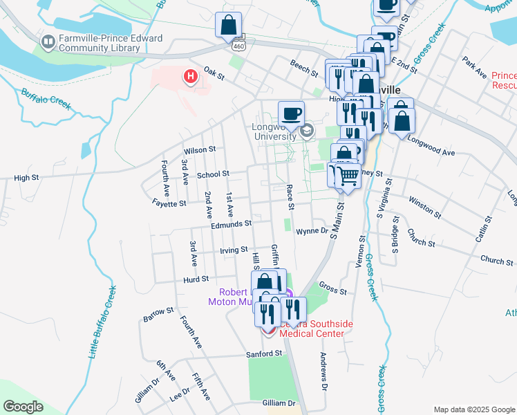 map of restaurants, bars, coffee shops, grocery stores, and more near 610 Franklin Street in Farmville