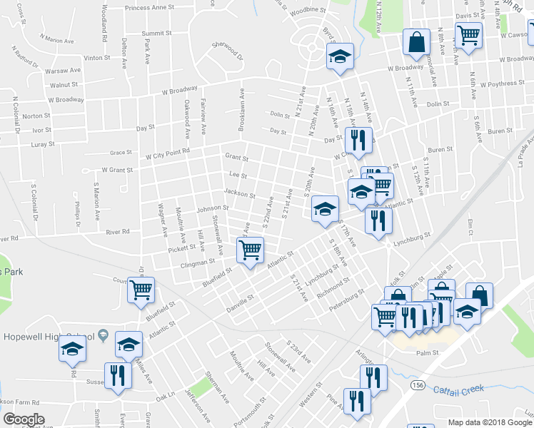 map of restaurants, bars, coffee shops, grocery stores, and more near 2201 Johnson Street in Hopewell