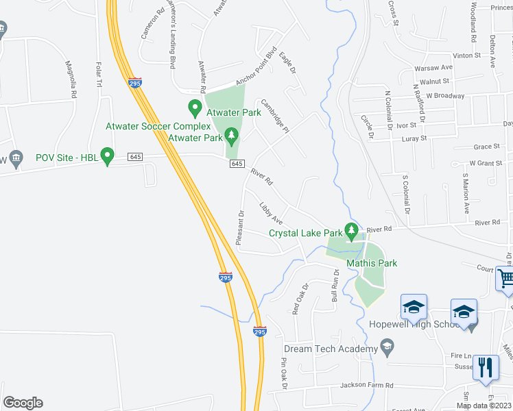 map of restaurants, bars, coffee shops, grocery stores, and more near 3818 Libby Avenue in Hopewell