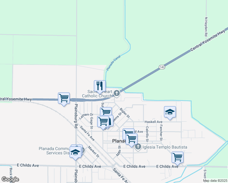 map of restaurants, bars, coffee shops, grocery stores, and more near 9300 Central Yosemite Highway in Planada