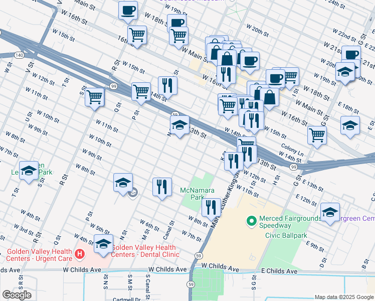 map of restaurants, bars, coffee shops, grocery stores, and more near 546 West 12th Street in Merced