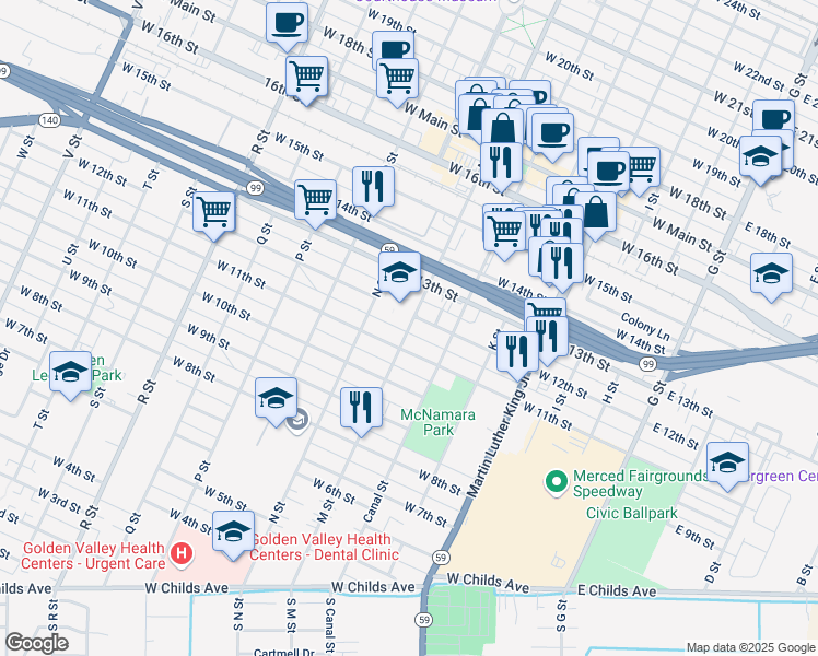map of restaurants, bars, coffee shops, grocery stores, and more near 546 West 12th Street in Merced