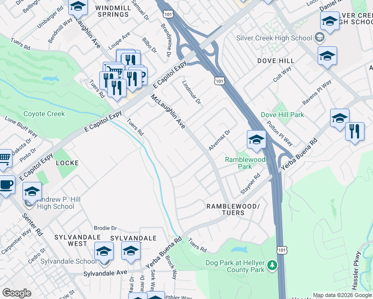 map of restaurants, bars, coffee shops, grocery stores, and more near 3660 Larry Court in San Jose