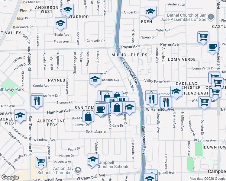 map of restaurants, bars, coffee shops, grocery stores, and more near 3658 Mona Way in San Jose