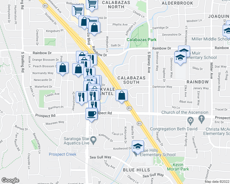map of restaurants, bars, coffee shops, grocery stores, and more near 1583 Brookvale Drive in San Jose