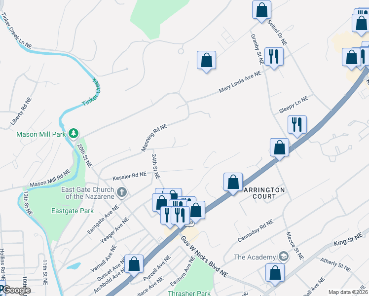 map of restaurants, bars, coffee shops, grocery stores, and more near 2421 Howard Avenue Northeast in Roanoke