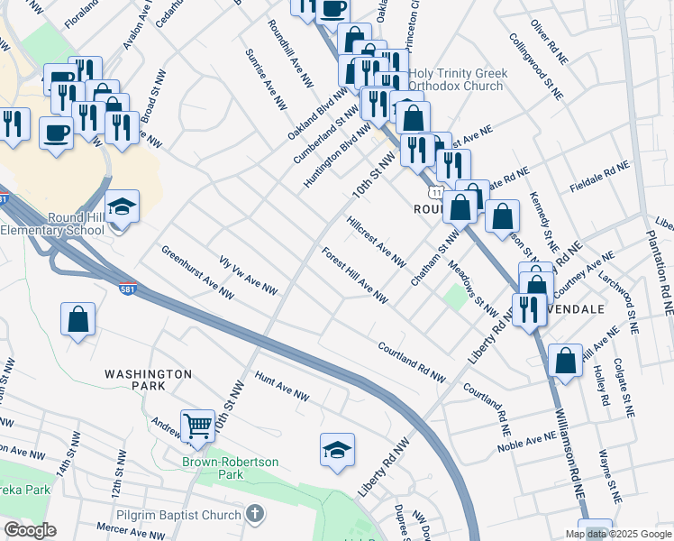 map of restaurants, bars, coffee shops, grocery stores, and more near 3213 Greenland Avenue Northwest in Roanoke