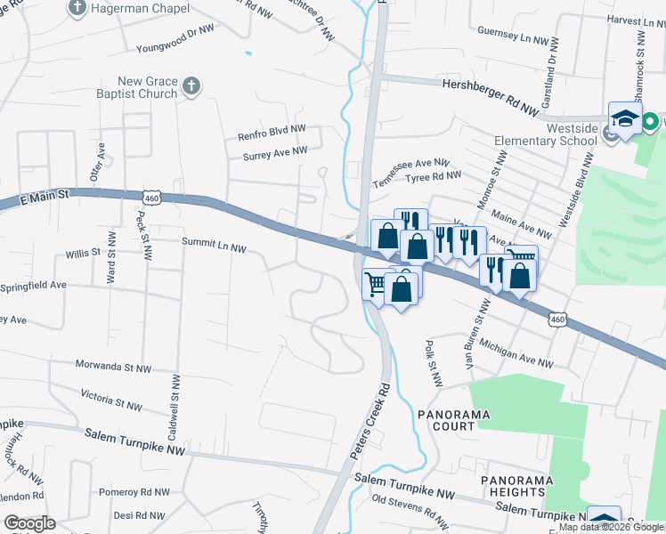 map of restaurants, bars, coffee shops, grocery stores, and more near 1075 Glenn Ridge Road Northwest in Roanoke