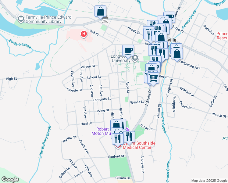 map of restaurants, bars, coffee shops, grocery stores, and more near 610 Franklin Street in Farmville