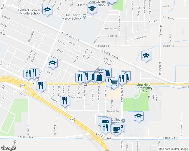 map of restaurants, bars, coffee shops, grocery stores, and more near 1582 East 21st Street in Merced