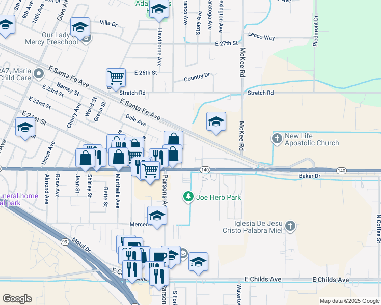 map of restaurants, bars, coffee shops, grocery stores, and more near 2157 Yosemite Parkway in Merced