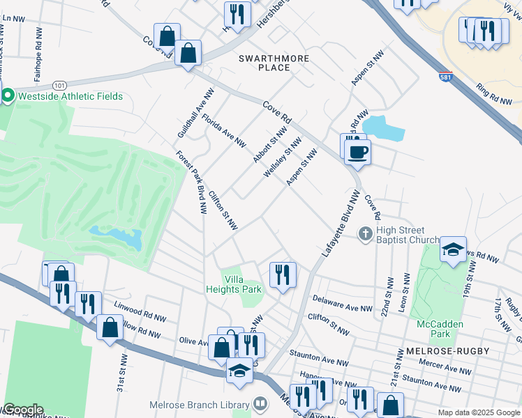 map of restaurants, bars, coffee shops, grocery stores, and more near 1406 Aspen Street Northwest in Roanoke