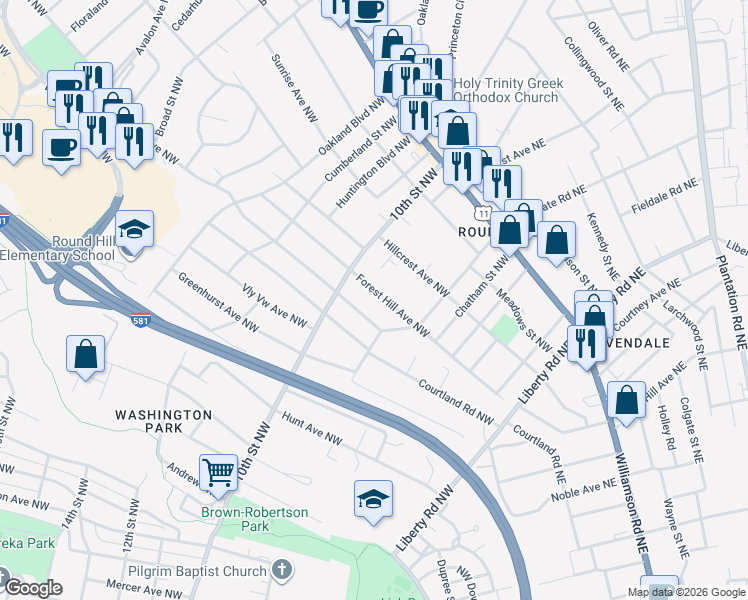map of restaurants, bars, coffee shops, grocery stores, and more near 3213 Greenland Avenue Northwest in Roanoke