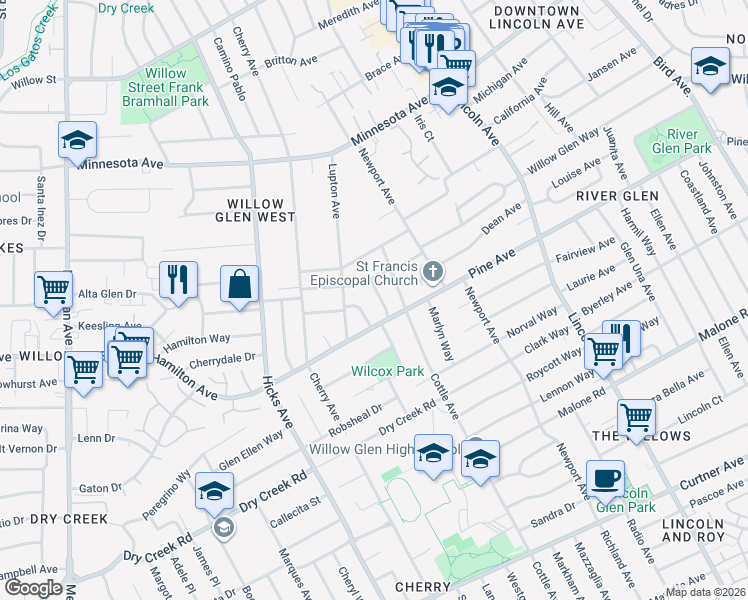 map of restaurants, bars, coffee shops, grocery stores, and more near 1655 Everett Avenue in San Jose