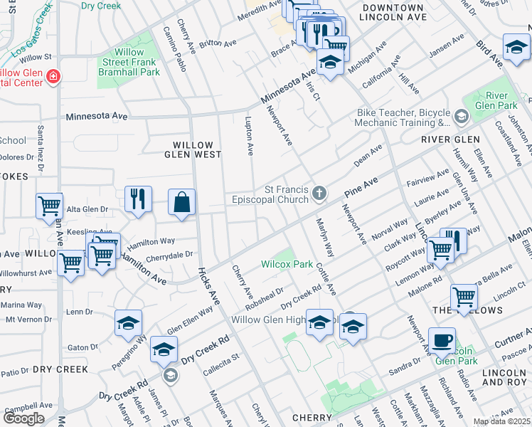 map of restaurants, bars, coffee shops, grocery stores, and more near 1636 Dale Avenue in San Jose
