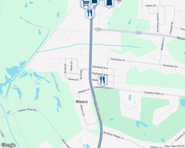 map of restaurants, bars, coffee shops, grocery stores, and more near 2400-2498 Hopkinsville Rd in Madisonville