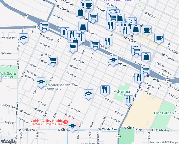 map of restaurants, bars, coffee shops, grocery stores, and more near 1018 O Street in Merced