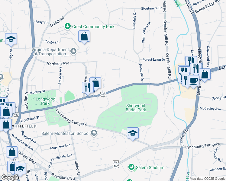 map of restaurants, bars, coffee shops, grocery stores, and more near 1054 East Main Street in Salem