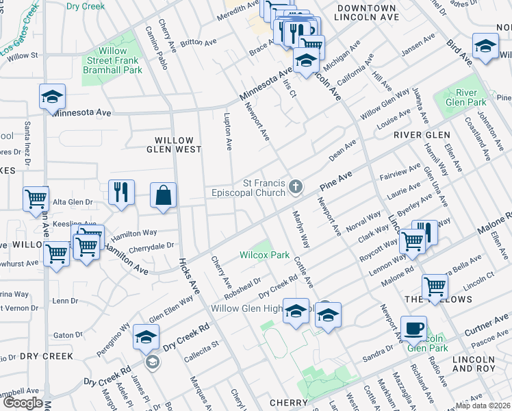 map of restaurants, bars, coffee shops, grocery stores, and more near 1655 Everett Avenue in San Jose
