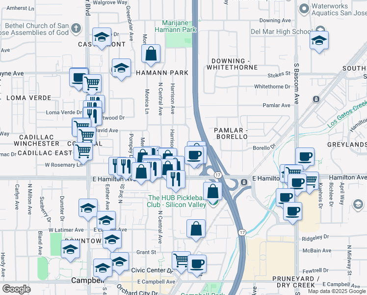 map of restaurants, bars, coffee shops, grocery stores, and more near 601 Almarida Drive in Campbell