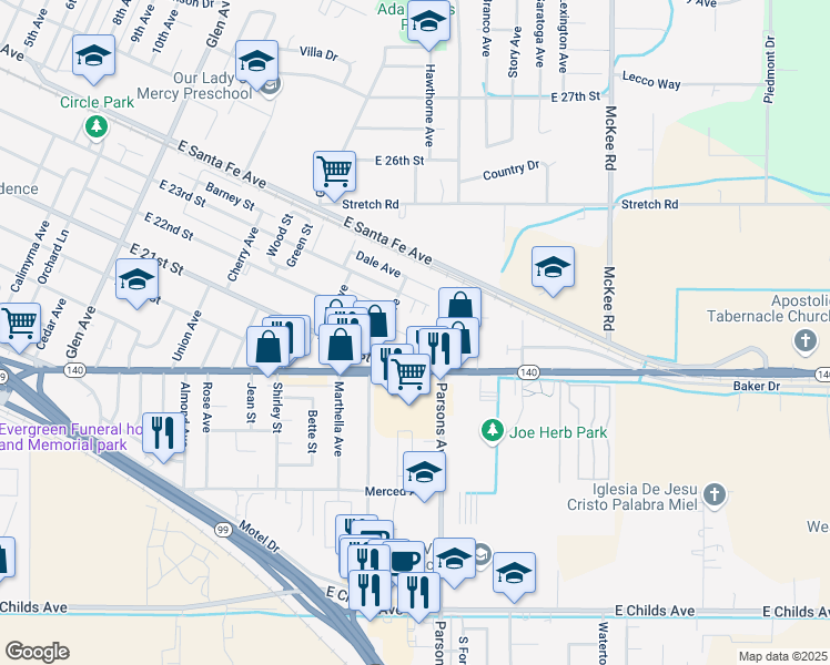 map of restaurants, bars, coffee shops, grocery stores, and more near 1847 East 22nd Street in Merced