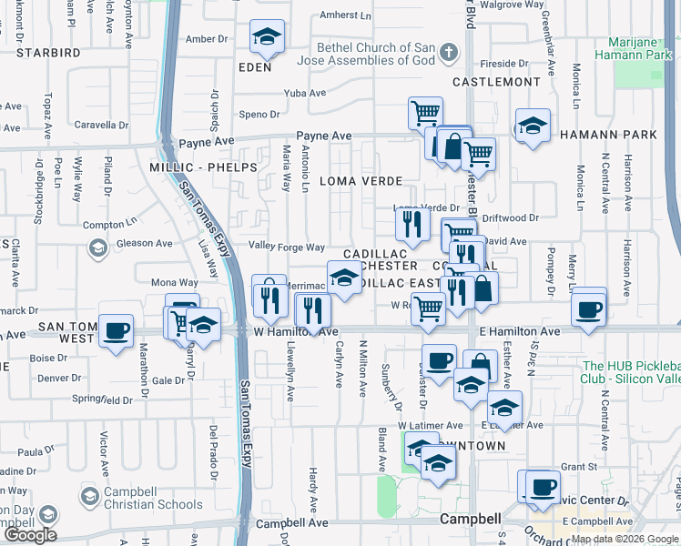 map of restaurants, bars, coffee shops, grocery stores, and more near 3331 Merrimac Drive in San Jose