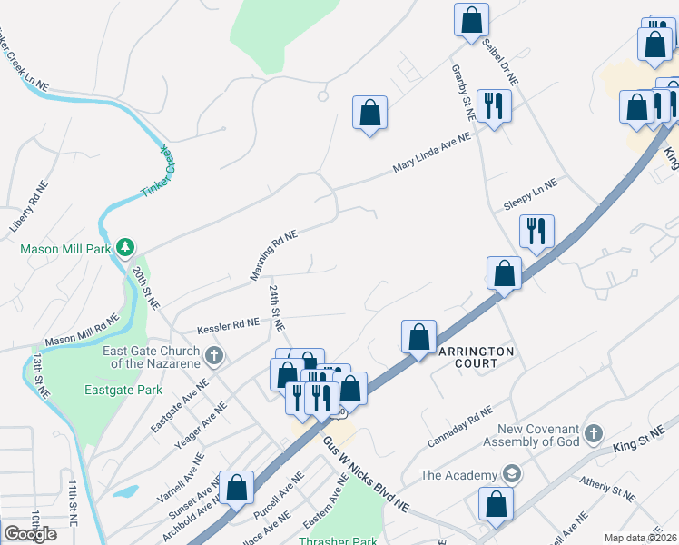 map of restaurants, bars, coffee shops, grocery stores, and more near 1512 Scott Road in Roanoke