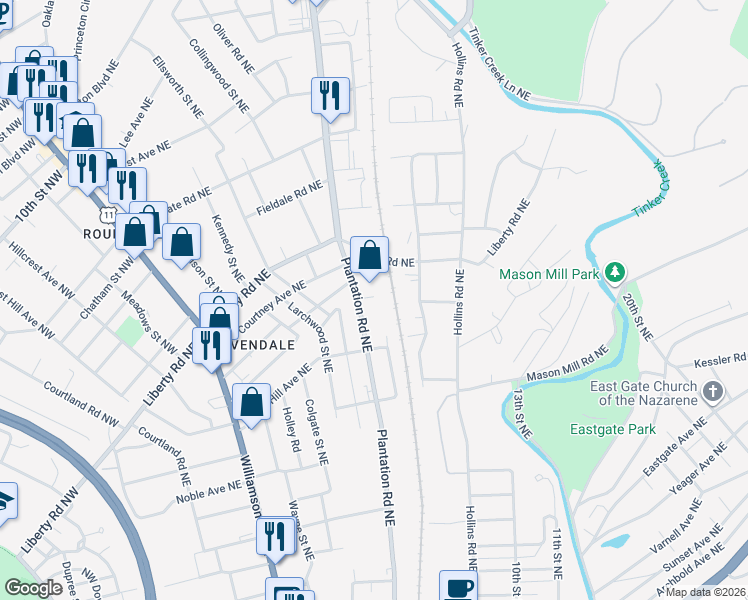map of restaurants, bars, coffee shops, grocery stores, and more near 2241 Plantation Road Northeast in Roanoke