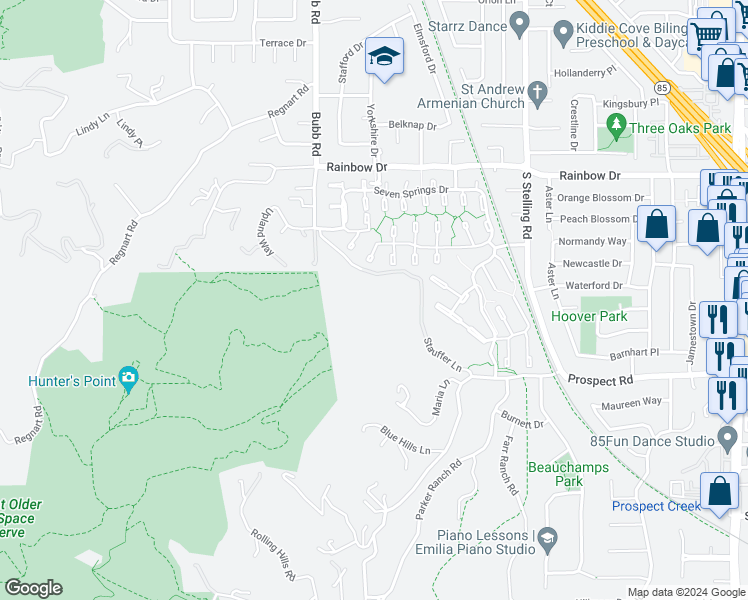 map of restaurants, bars, coffee shops, grocery stores, and more near 11801 Dorothy Anne Way in Cupertino