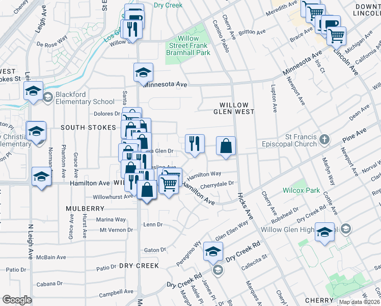 map of restaurants, bars, coffee shops, grocery stores, and more near 1533 Alta Glen Drive in San Jose