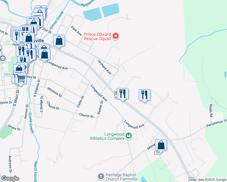 map of restaurants, bars, coffee shops, grocery stores, and more near 213 Woodrow Avenue in Farmville