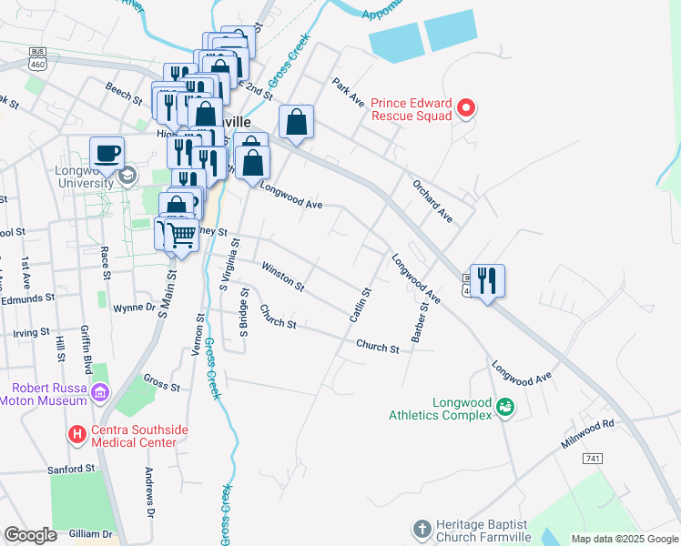 map of restaurants, bars, coffee shops, grocery stores, and more near 508 Putney Street in Farmville