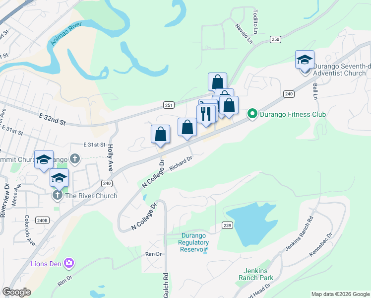 map of restaurants, bars, coffee shops, grocery stores, and more near 1330 Florida Road in Durango