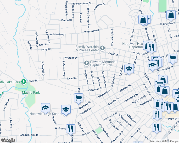 map of restaurants, bars, coffee shops, grocery stores, and more near 2803 Johnson Street in Hopewell