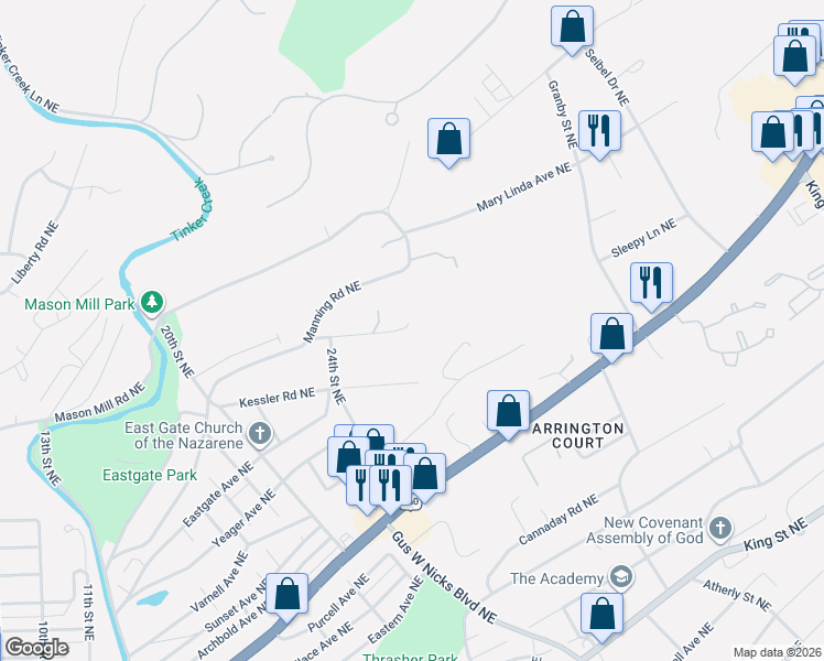 map of restaurants, bars, coffee shops, grocery stores, and more near 1512 Scott Road in Roanoke