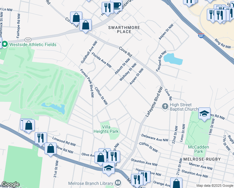 map of restaurants, bars, coffee shops, grocery stores, and more near 1406 Aspen Street Northwest in Roanoke