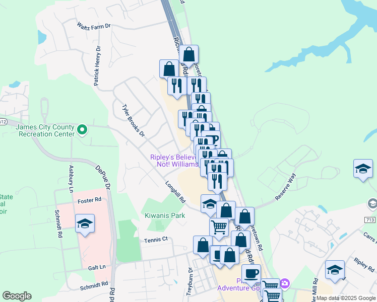 map of restaurants, bars, coffee shops, grocery stores, and more near 118 Thomas Nelson Lane in Williamsburg