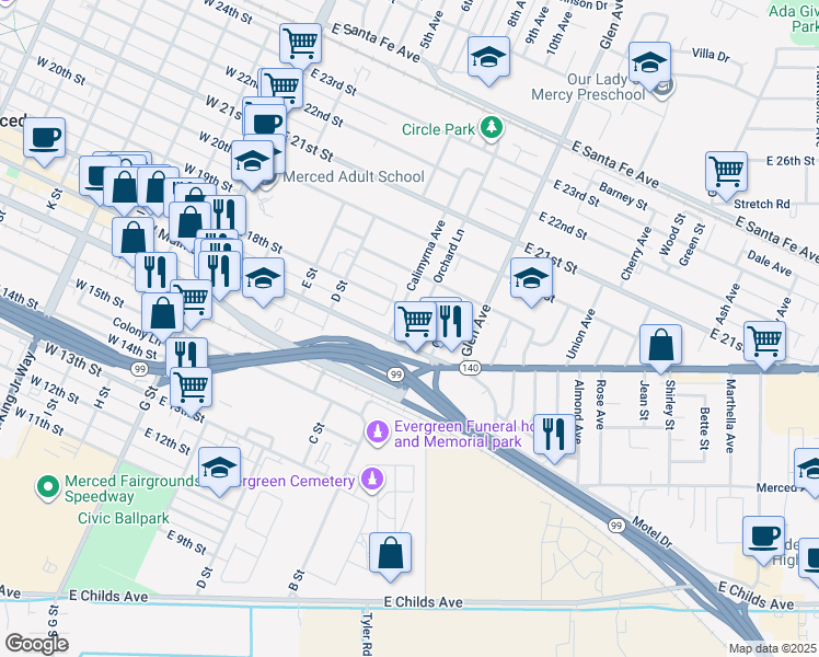 map of restaurants, bars, coffee shops, grocery stores, and more near 1745 Orchard Lane in Merced