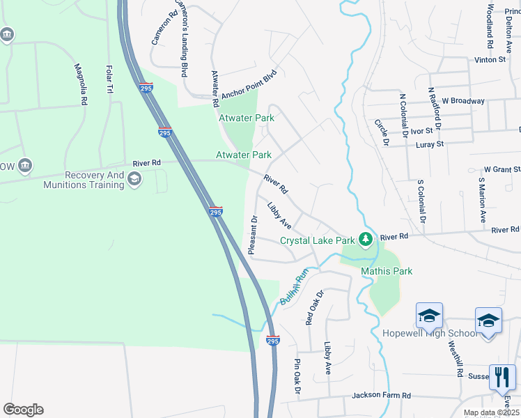 map of restaurants, bars, coffee shops, grocery stores, and more near 215 Pleasant Drive in Hopewell