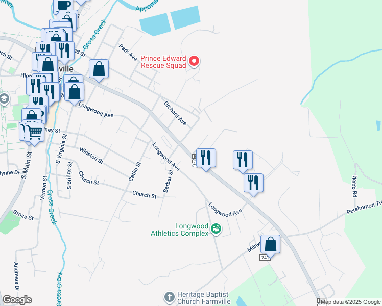 map of restaurants, bars, coffee shops, grocery stores, and more near 221 Woodrow Avenue in Farmville