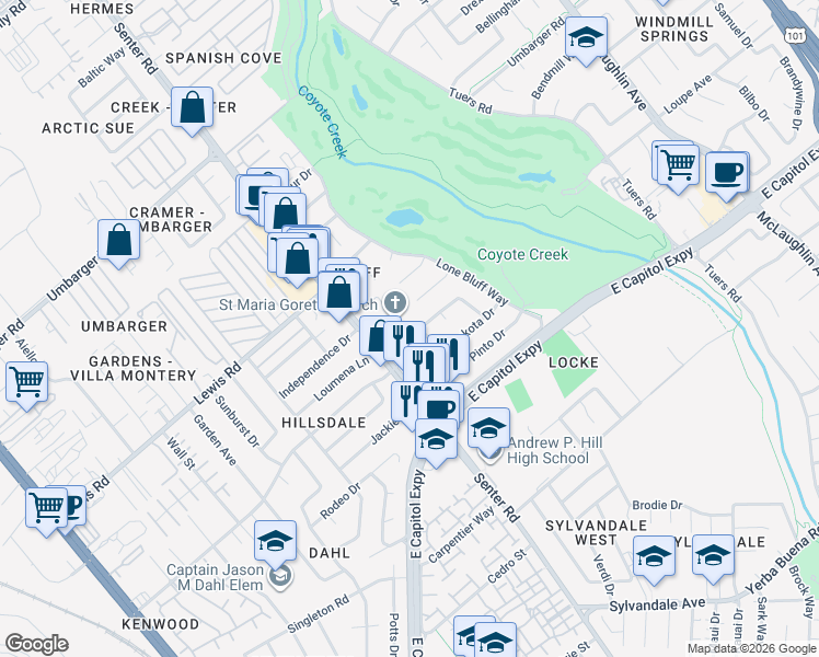 map of restaurants, bars, coffee shops, grocery stores, and more near 639 Overland Way in San Jose
